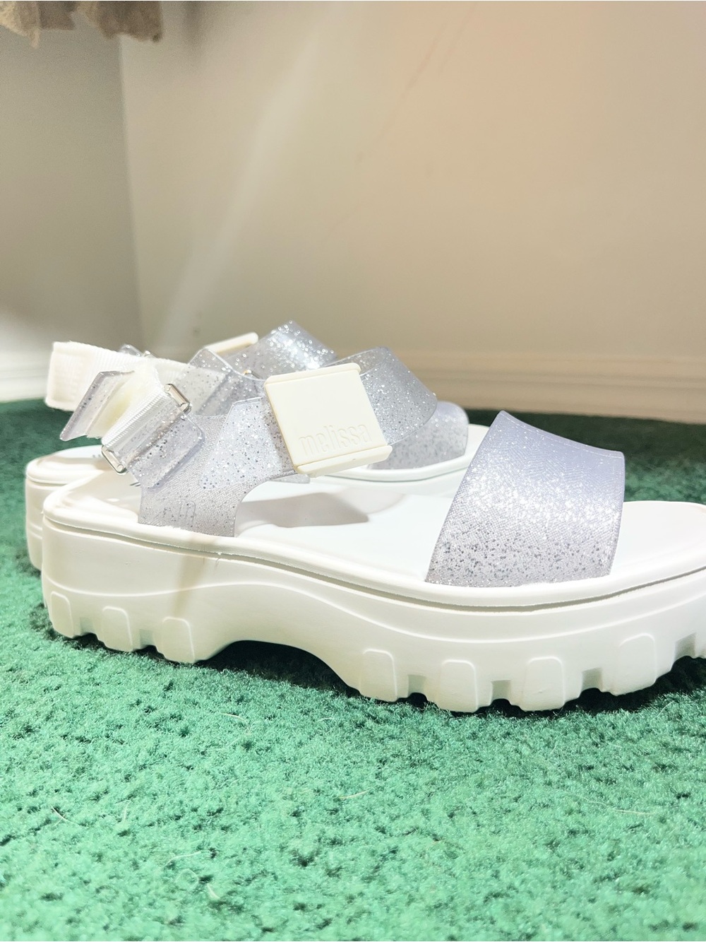 Melissa White Silver Glitter Platform Sandals Buckle Womens US 7